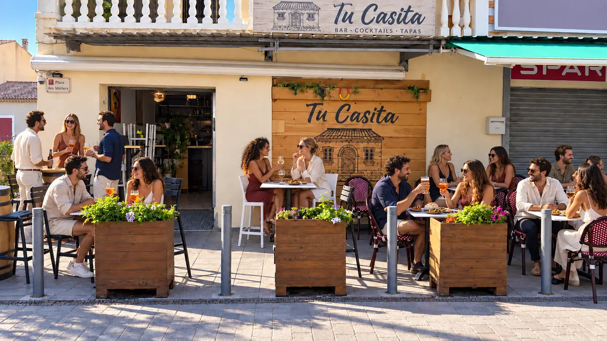 Façade de Tu Casita et convives attablés sur la terrasse, place des Mûriers