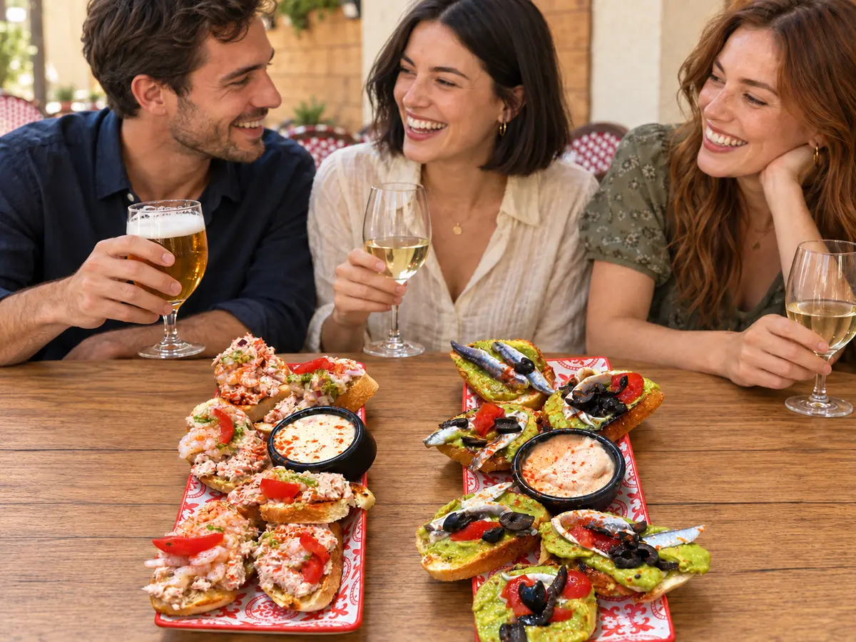 Deux assiettes de tostas aux garnitures variées, accompagnées de sauces à partager